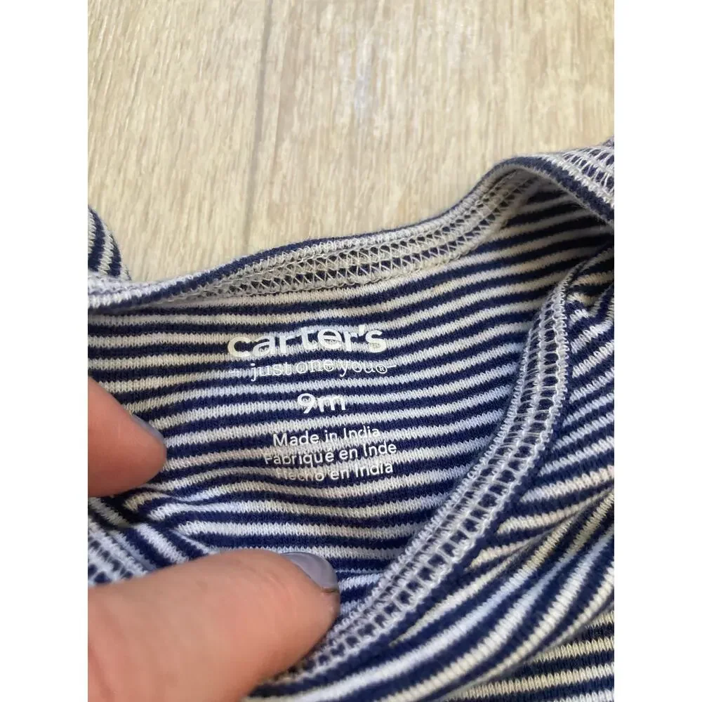 Carter’s Blue & White Striped Long Sleeve Onesie, Size 9M